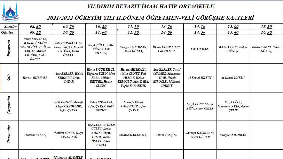 2. DÖNEM VELİ GÖRÜŞME SAATLERİMİZ